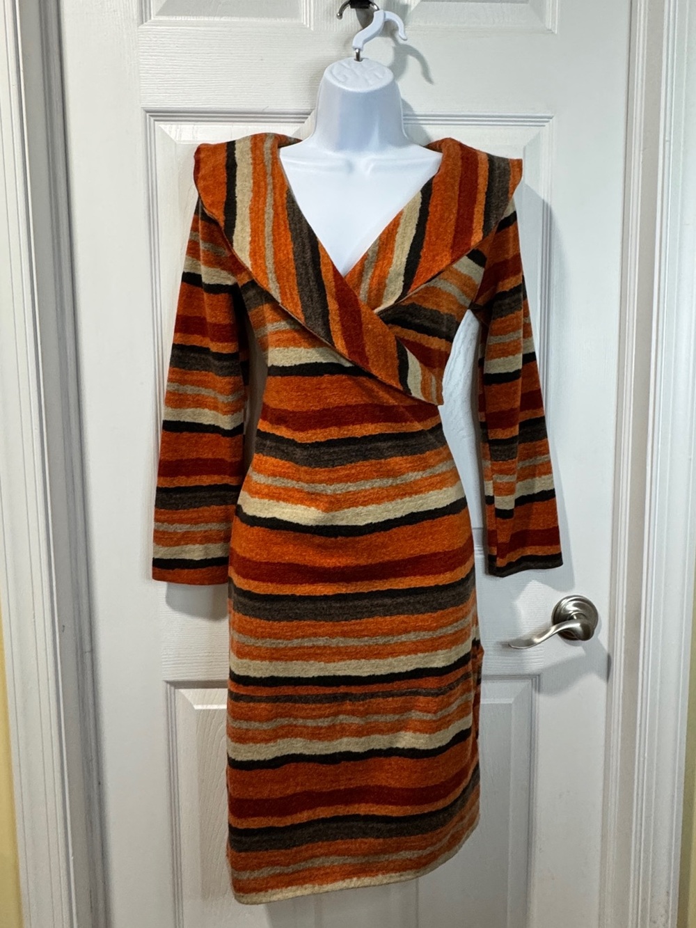 Striped Long-Sleeve V-Neck Wrap Dress in Orange and Brown